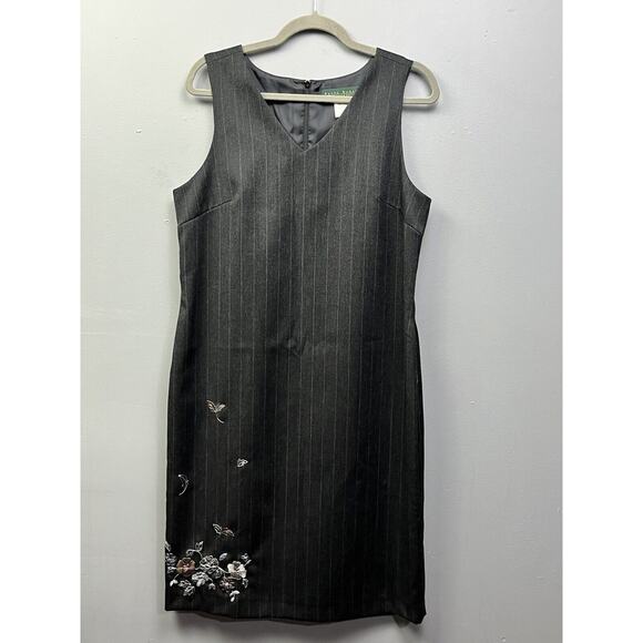 Vintage Harve Bernard Wool Jumper Shift Dress 10 Gray Striped Floral Embroidered - Picture 1 of 7